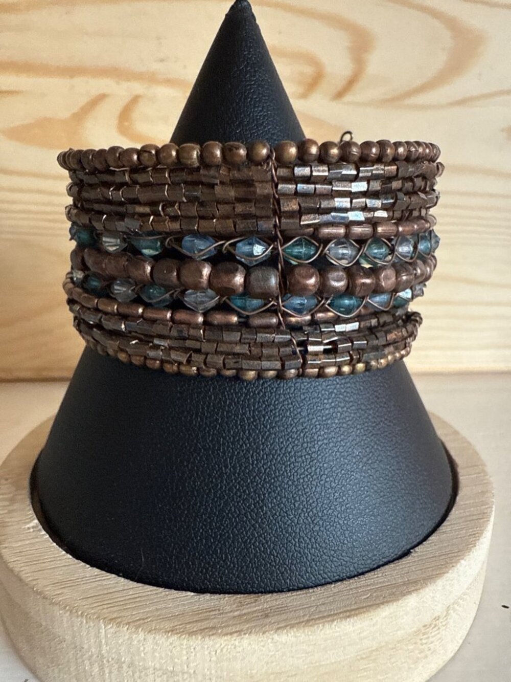 Multi-Strand Bronze Beaded Statement Cuff Bracelet With Blue Accents